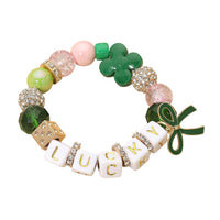 St Patricks Bow Charm Lucky Shamrock Clover Beaded Stretch Bracelet