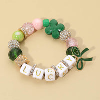 St Patricks Bow Charm Lucky Shamrock Clover Beaded Stretch Bracelet