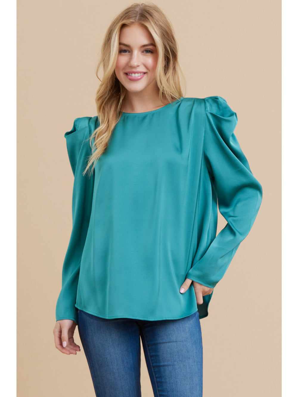 Long Sleeve Satin Top with Back Keyhole