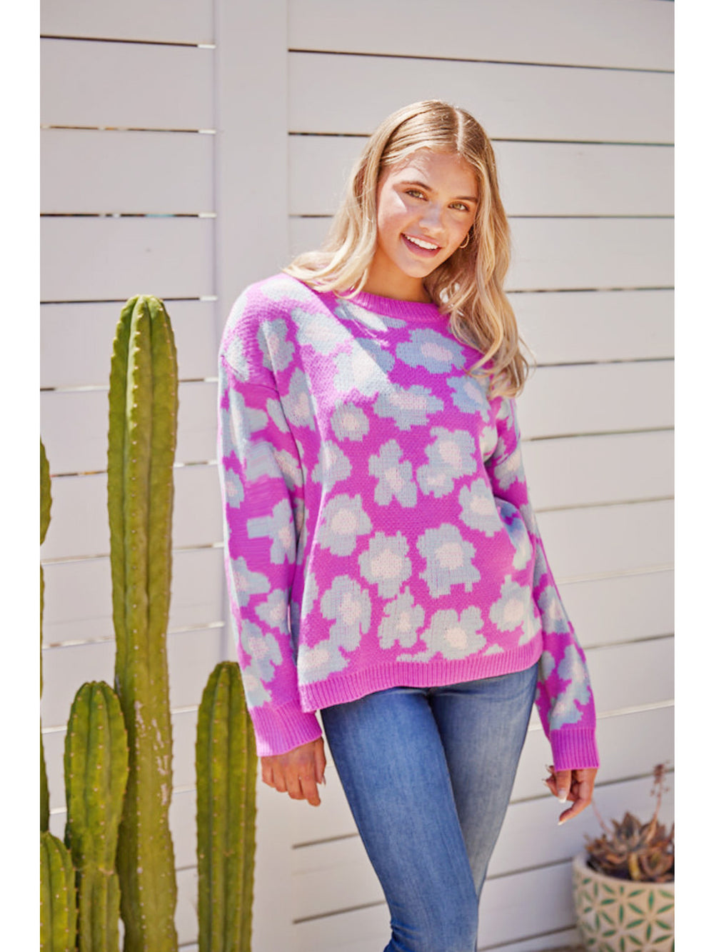 Flower Print Knit Pullover Sweater