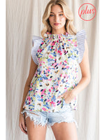 Floral & Stripe Ruffle Sleeve Top
