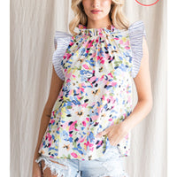 Floral & Stripe Ruffle Sleeve Top