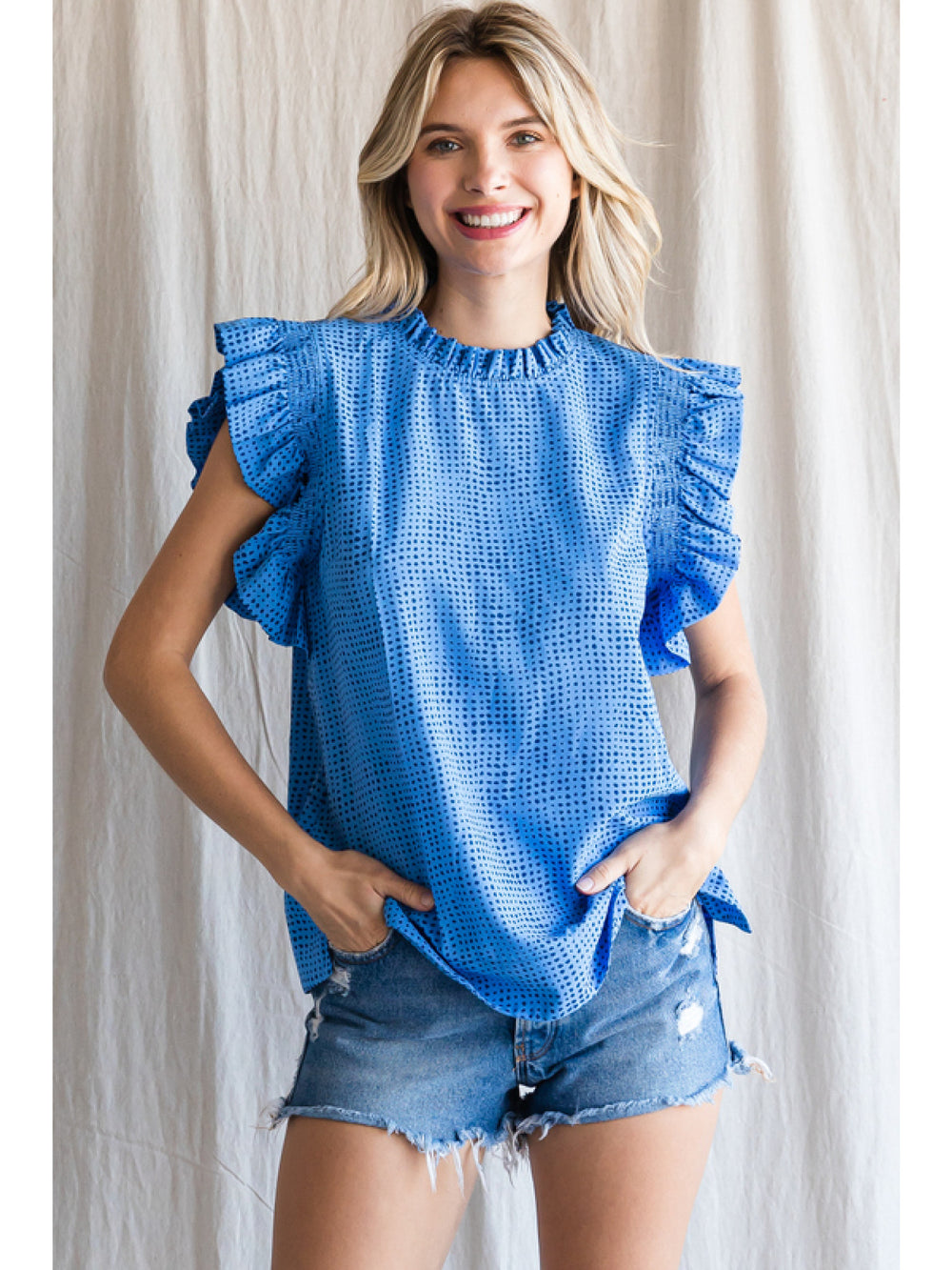 Dot Print Smocked Short Sleeve Top