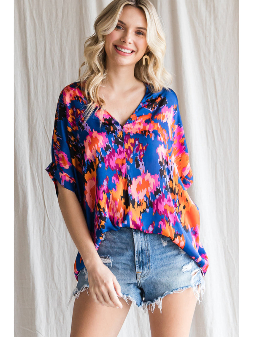 Royal Blue Abstract V-Neck Top