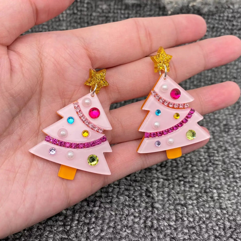 Pink Christmas Tree Star Post Earrings