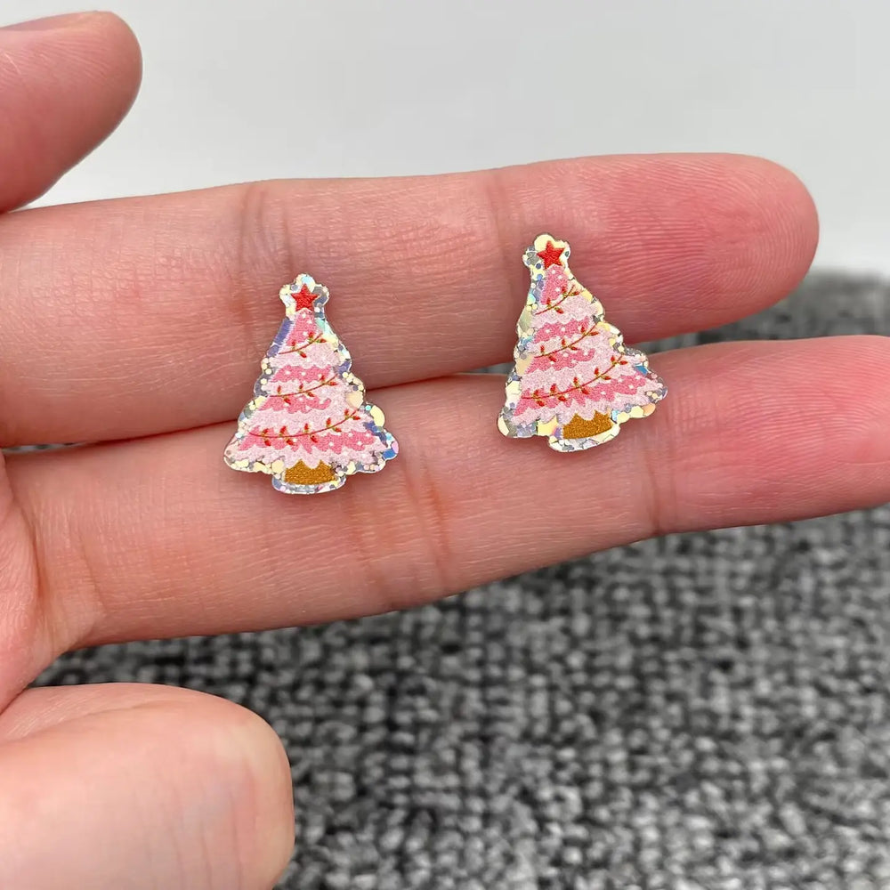 Acrylic Pink Christmas Tree Stud Earrings