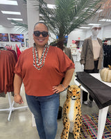 Rust Leopard Print V Neck Blouse
