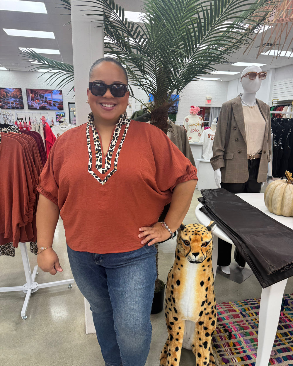 Rust Leopard Print V Neck Blouse