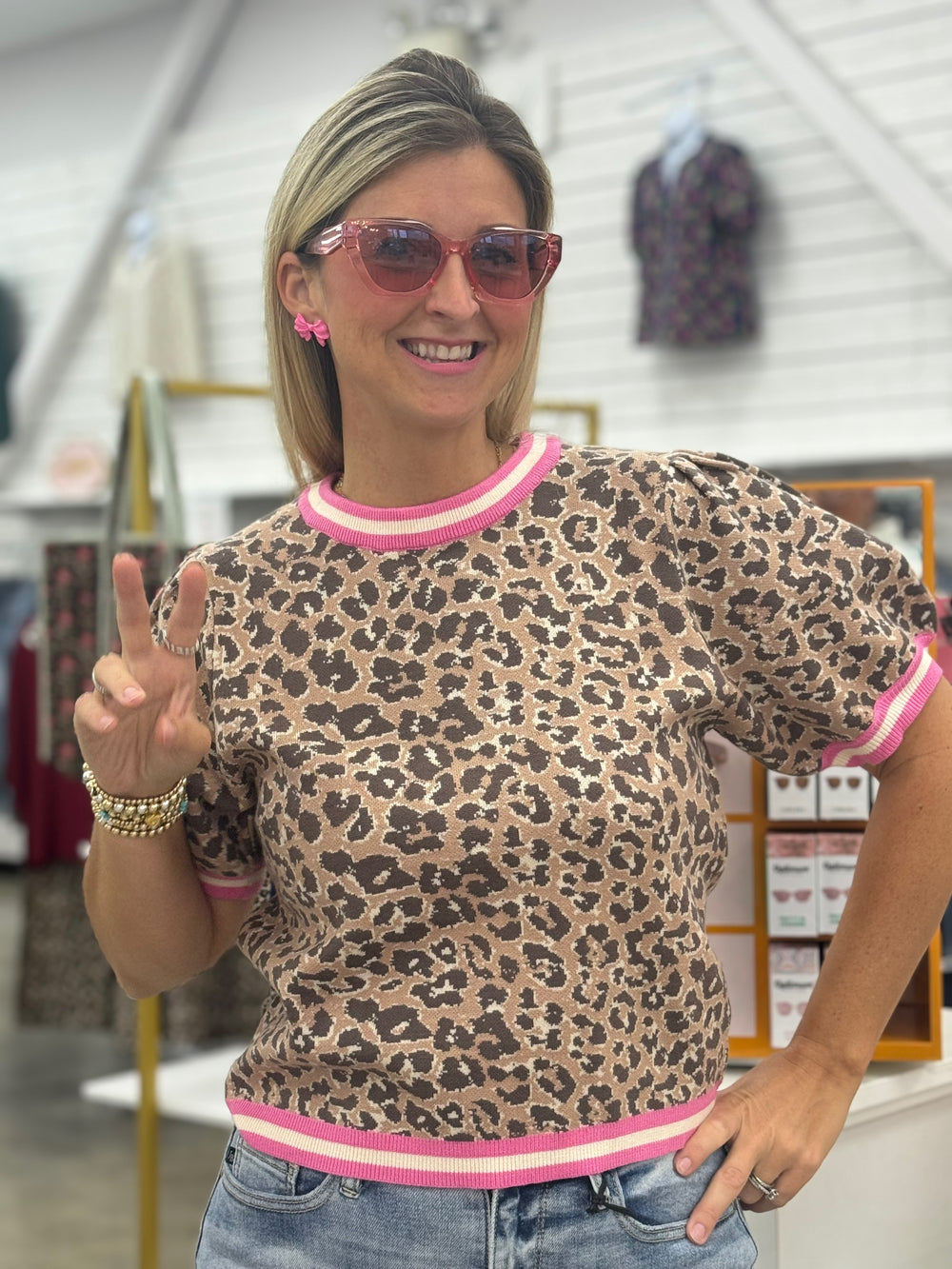 Pink Trim Leopard Print Short Sleeve Sweater