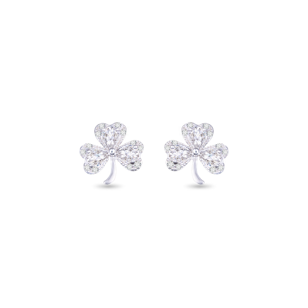 Silver CZ Three Leaf Clover Earrings