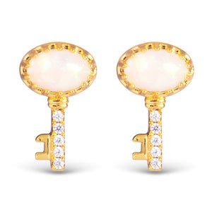 Gold CZ Opal Key Stud Earrings