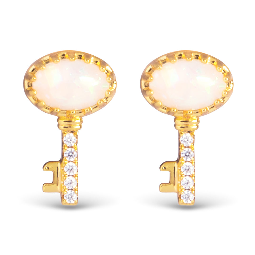 Gold CZ Opal Key Stud Earrings