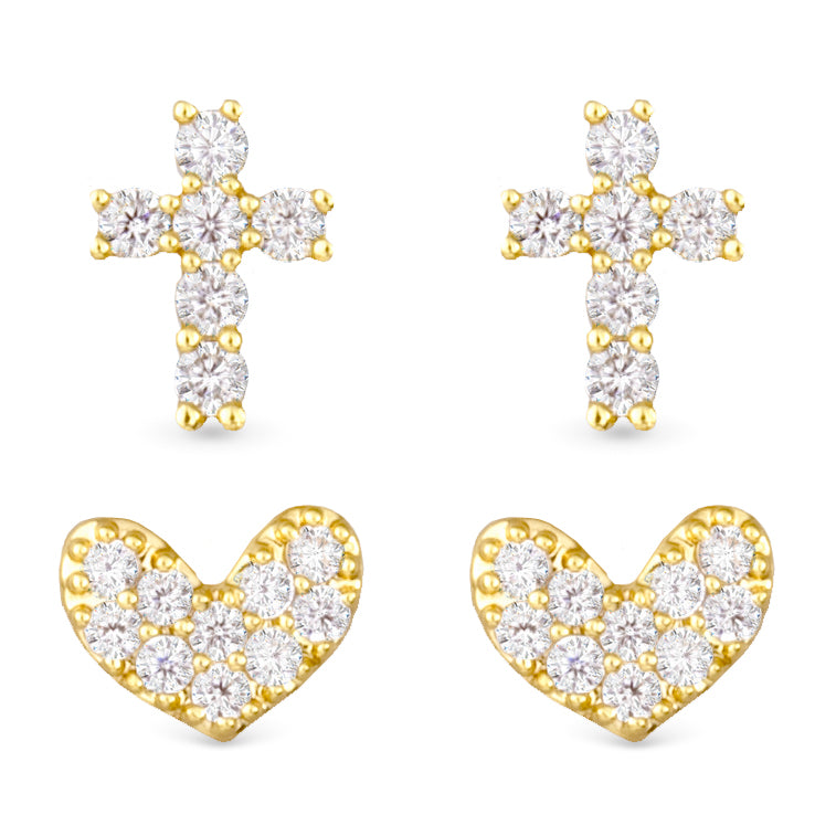 Pavé Cross & Heart Duo Earring Set