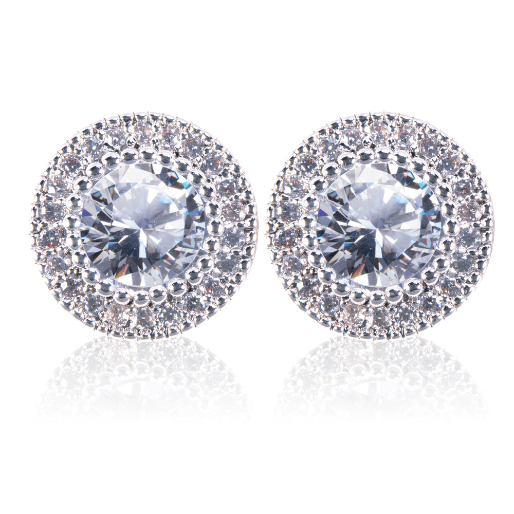 Silver Ice Blu Round Halo Stud Earrings