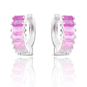 Silver Pink Ombre Baguette CZ Huggie Earrings