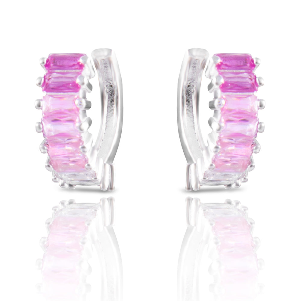 Silver Pink Ombre Baguette CZ Huggie Earrings