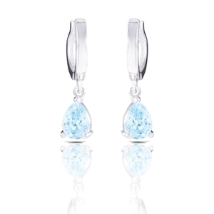 Silver Aquamarine CZ Pear Drop Huggie Earrings