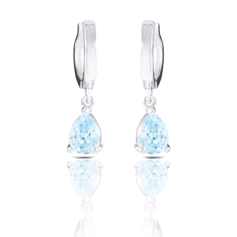 Silver Aquamarine CZ Pear Drop Huggie Earrings