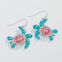 Aqua & Pink Enamel Turtle Earrings