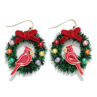 Cardinal Christmas Wreath Earrings