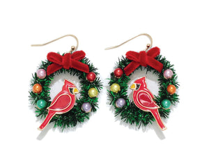 Cardinal Christmas Wreath Earrings
