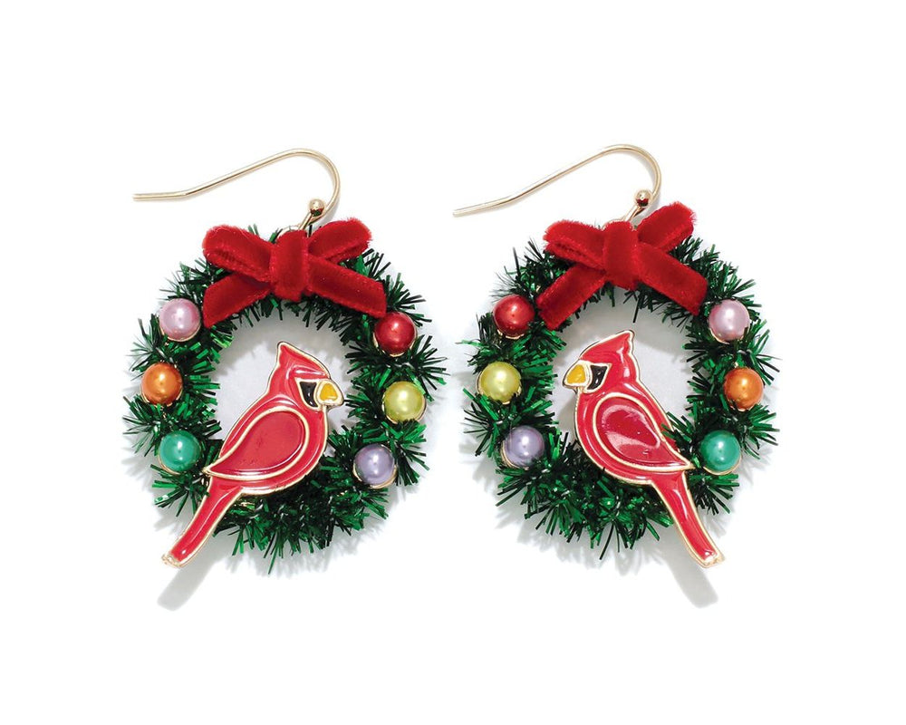 Cardinal Christmas Wreath Earrings
