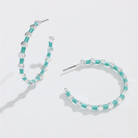Aqua Thread Silver Hoop Earrings