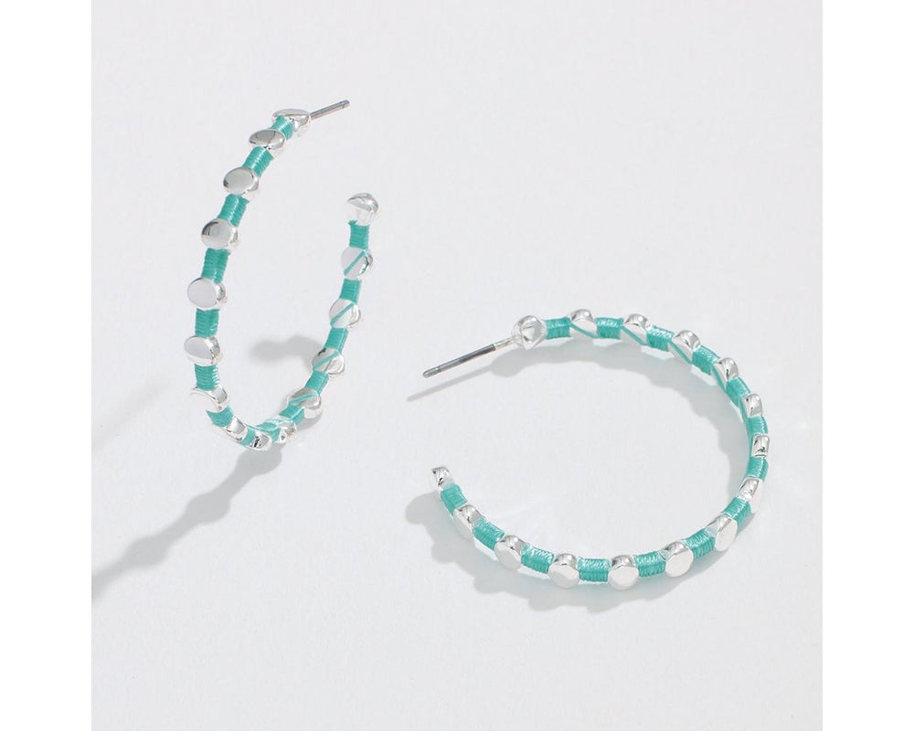 Aqua Thread Silver Hoop Earrings