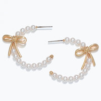 Gold Ribbon Pearl Hoop Earrings