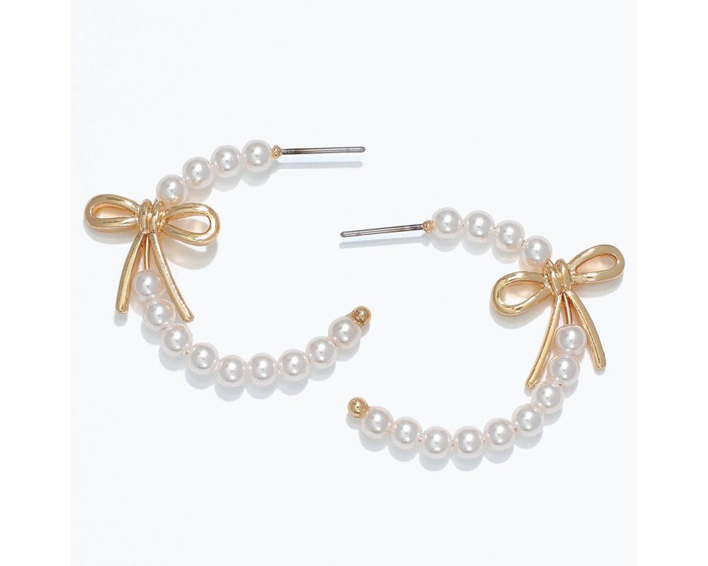 Gold Ribbon Pearl Hoop Earrings