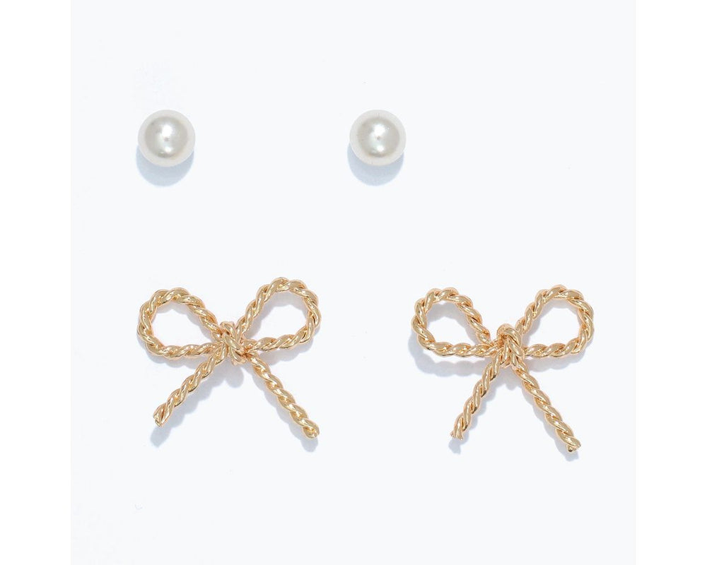 Pearl Studs & Bows Duo Earring Set