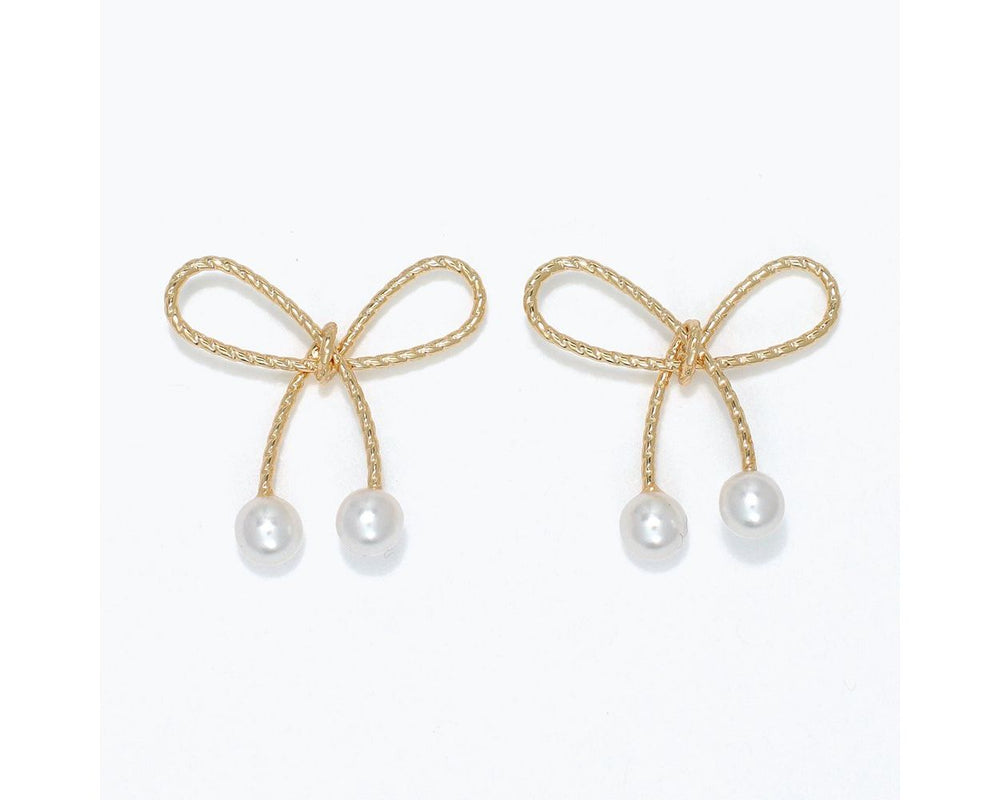 Gold Rope Bow Pearl Earrings
