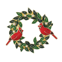 Cardinal and Holly Wreath Brooch