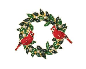 Cardinal and Holly Wreath Brooch