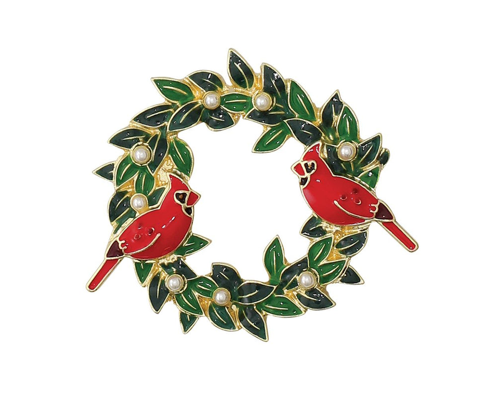Cardinal and Holly Wreath Brooch