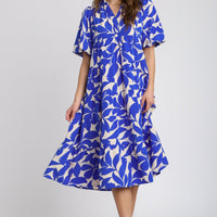 Blue Floral Collared Midi Dress