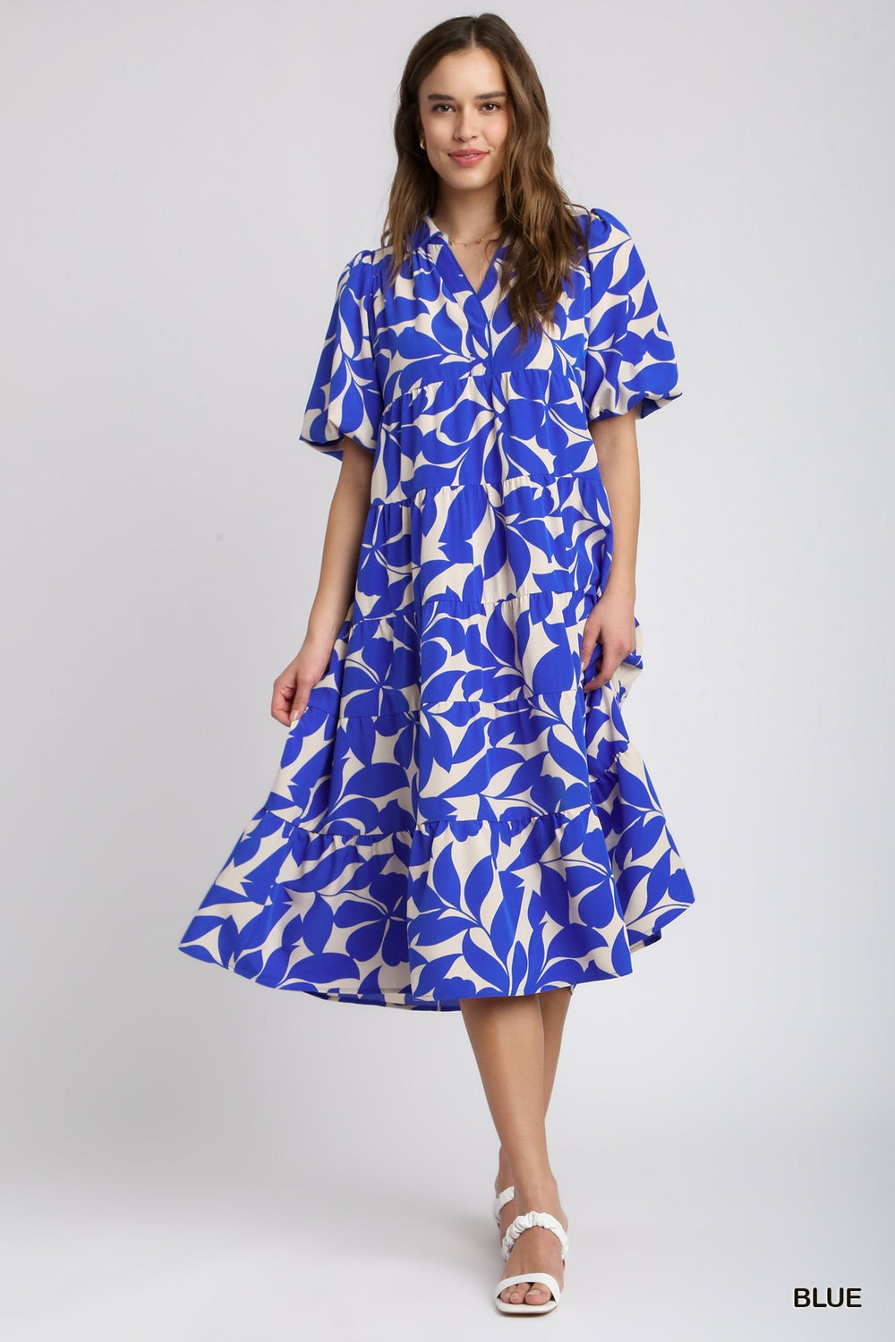 Blue Floral Collared Midi Dress