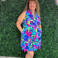 Navy Tropical Sleeveless Tiered Dress