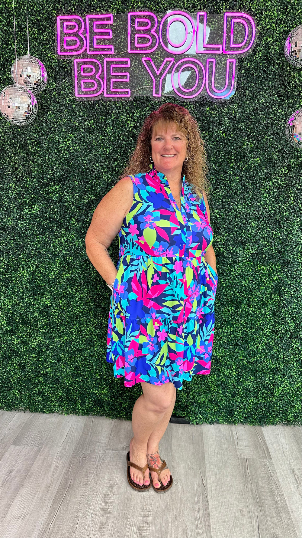 Navy Tropical Sleeveless Tiered Dress
