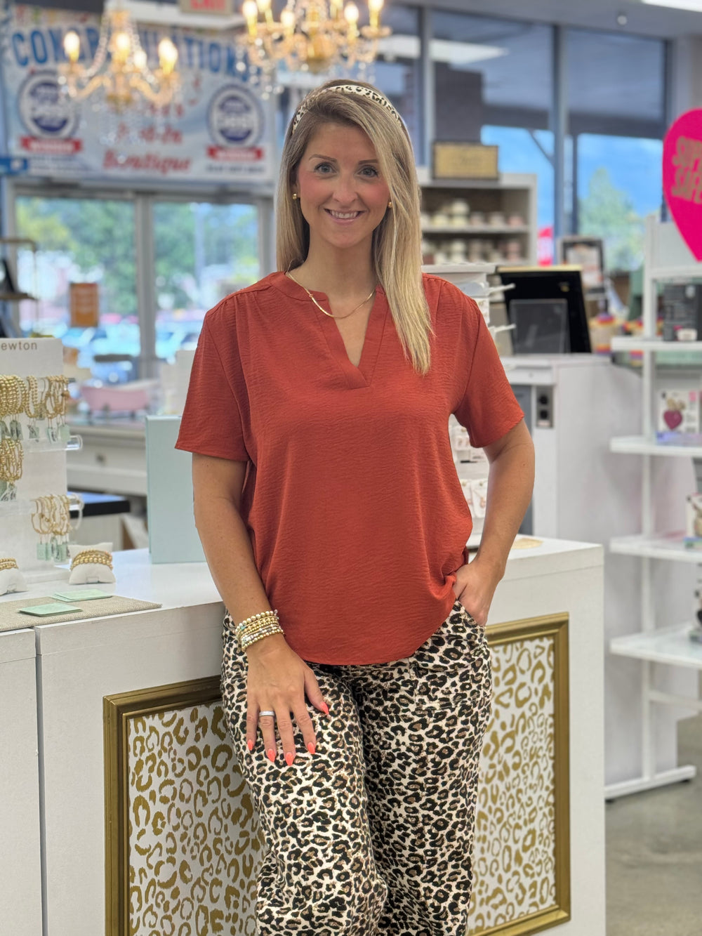 Rust Short Sleeve V Neck Top