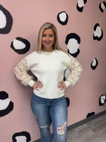 White Shag Sequin Sleeve Sweater
