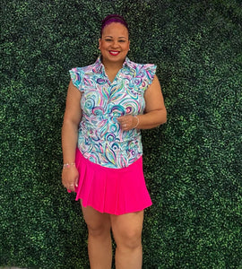 Ruffle Sleeve Polo Top (Multi Color Swirl)