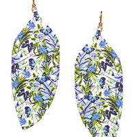 Flower Print Leather Feather Earrings