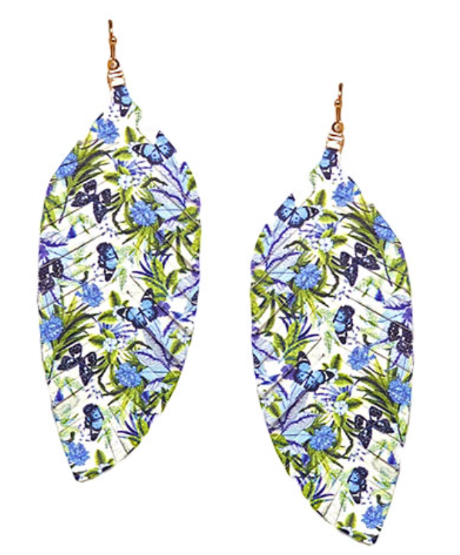 Flower Print Leather Feather Earrings