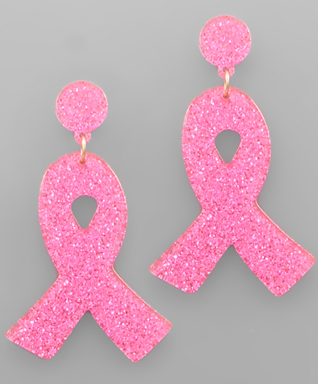 Glitter Pink Ribbon Earrings