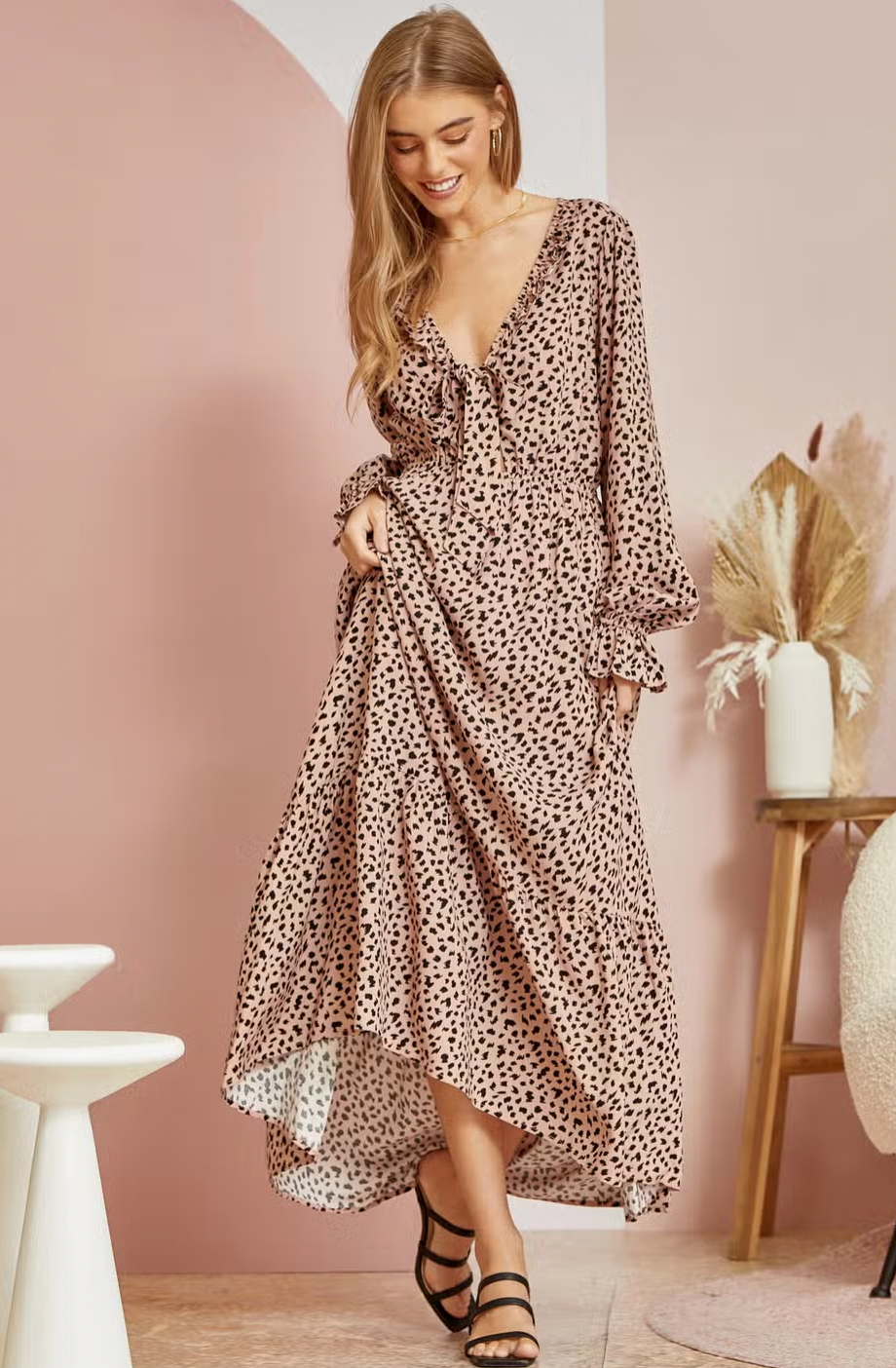 Animal Print Ruffle Maxi Dress