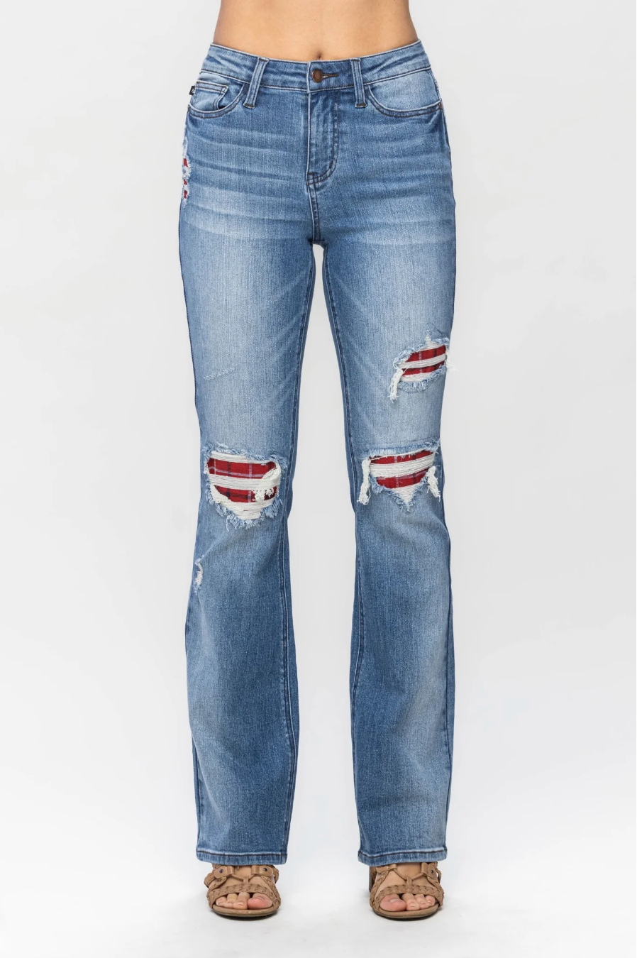 Mid Rise Plaid Patch Bootcut Judy Blue Jeans