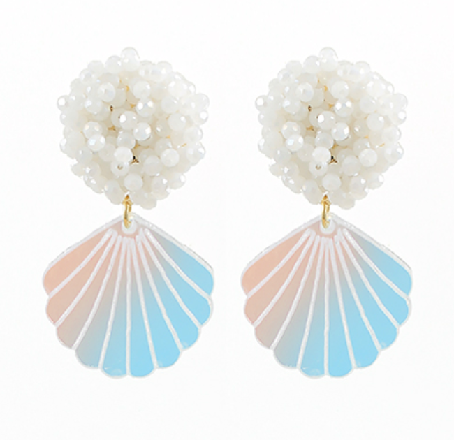 Shell & Beads Glass PomPom Dangle Earrings
