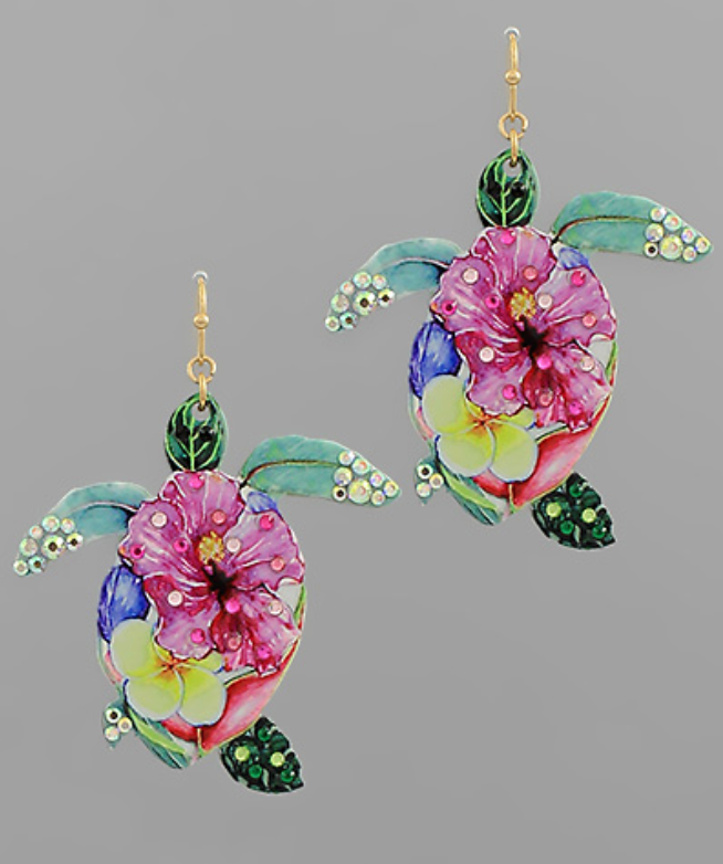 Turtle Pave Flower Printed Drop Earrings