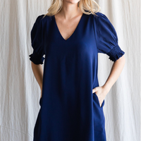 Smocked Sleeve V-Neck Dress